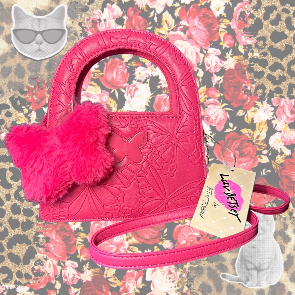Betsey Johnson Pink Embossed Handbag with Furry Charm